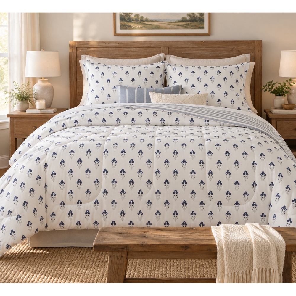 Fingal Queen 8 Piece Reversible Comforter Bed Set Blue Floral Sheets NEW